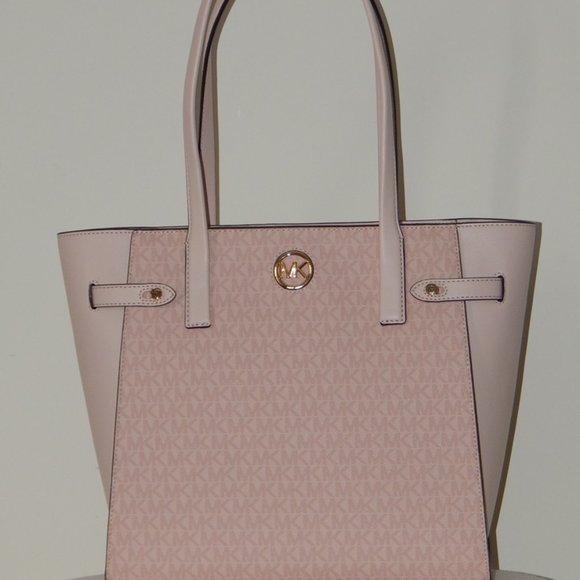 NWT $498 MICHAEL KORS CARMEN MK Monogram LARGE TZ DK PWDR BLSH Tote Shoulder BAG - Picture 3 of 11